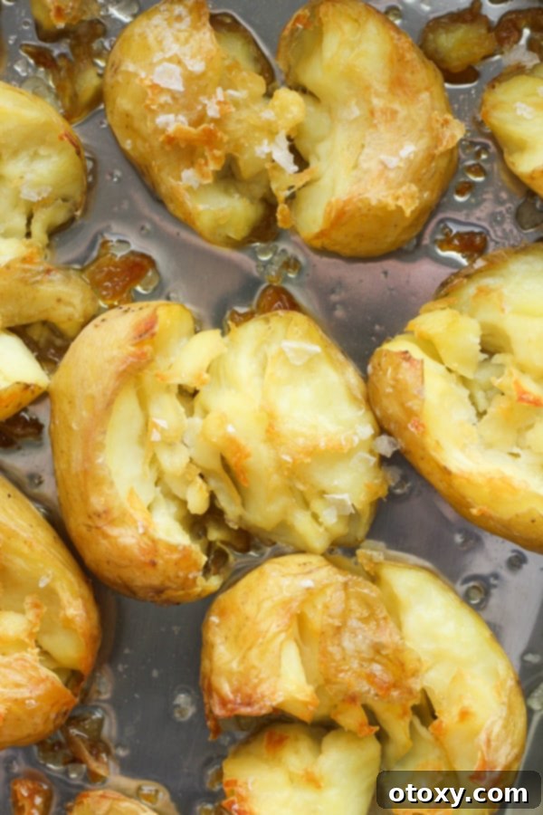 A roasting tray filled with par-boiled and gently smashed potatoes, ready for the oven, hinting at the crispy transformation to come.
