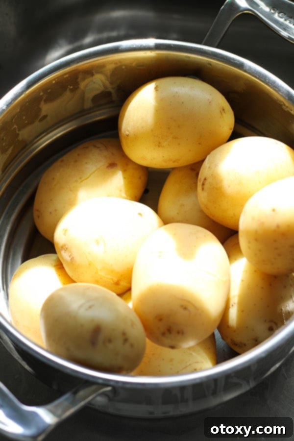 Steaming hot, par-boiled potatoes resting in a colander, freshly drained from the pot.