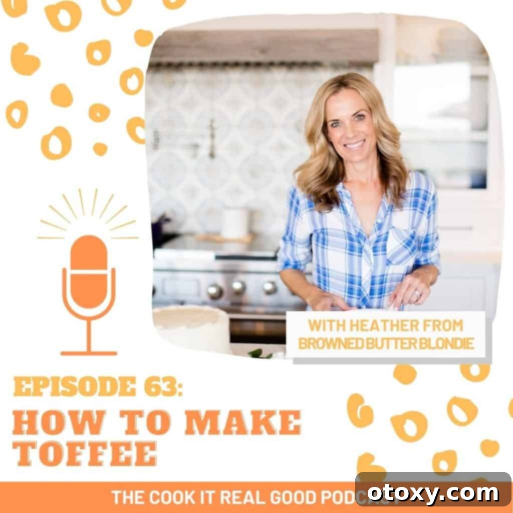 Woman in a kitchen with text overlay "How to Make Toffee". A festive, inviting image for a holiday treat.