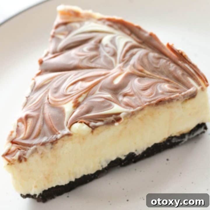 A slice of elegant marble cheesecake on a plate, ready to be enjoyed.