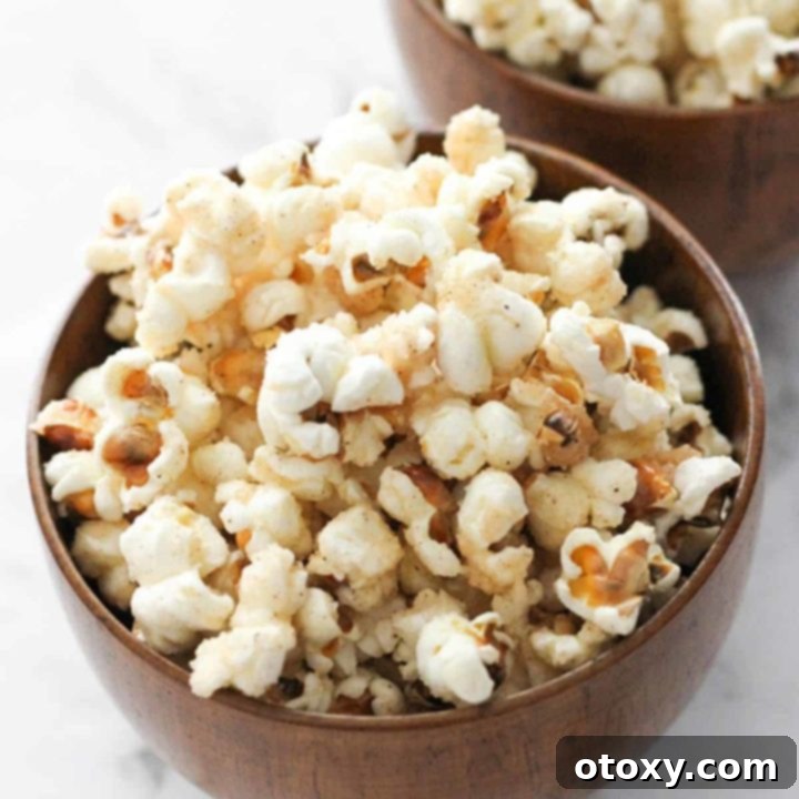 Cinnamon Sugar Popcorn in a wooden bowl.