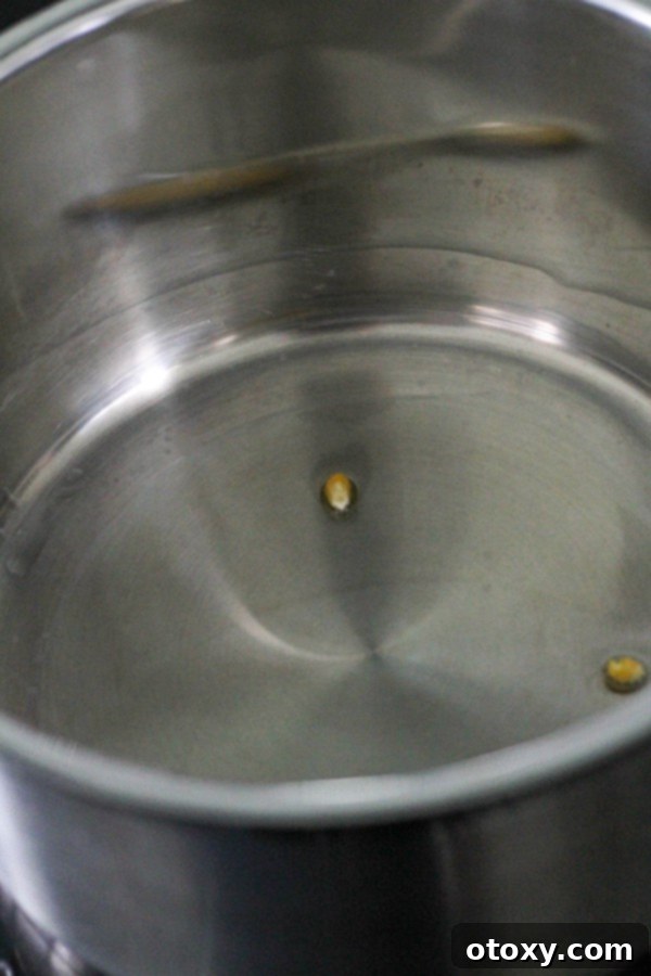 Two popcorn kernels popping in olive oil in a saucepan, testing the oil temperature.