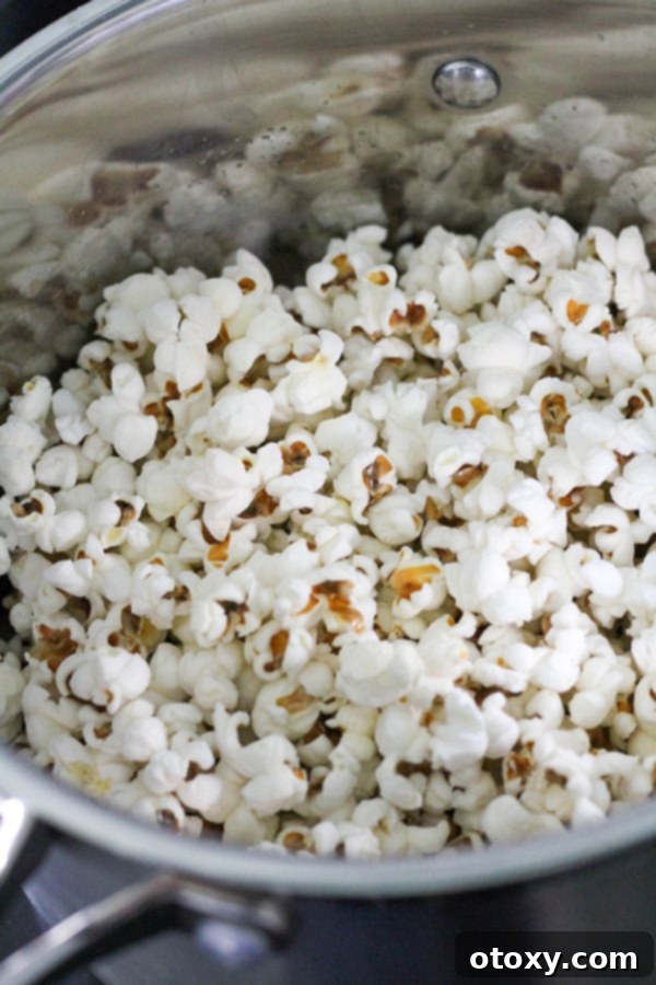 Fully popped popcorn filling a saucepan on the stovetop, freshly made.