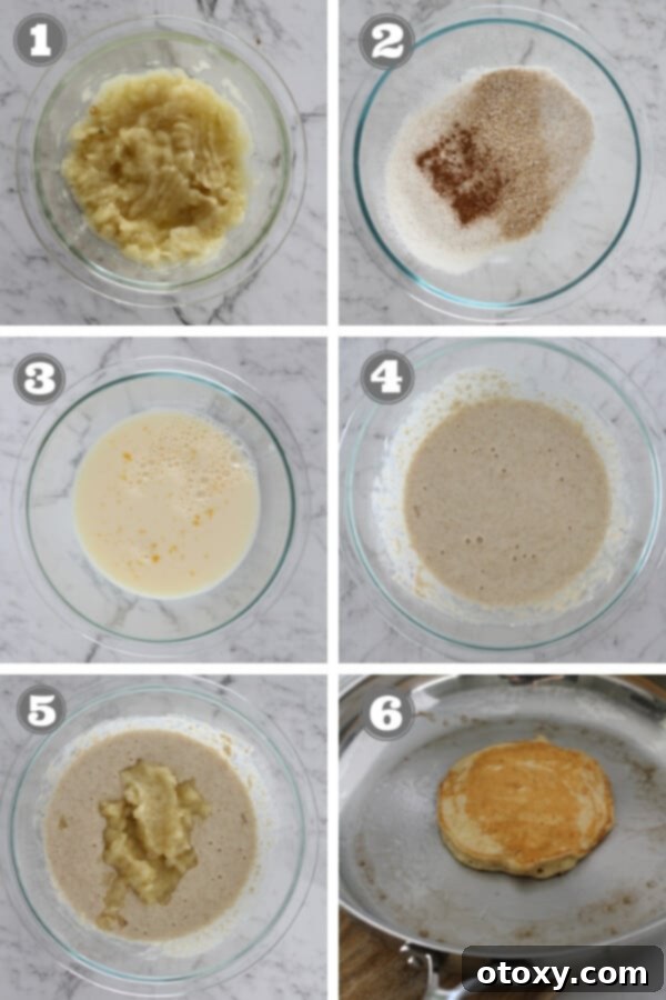 step by step photos on how to make healthy banana pancakes, showing ingredients, mixing, and cooking