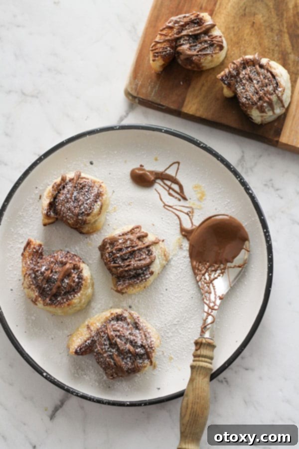 Chocolate Nutella Swirl Pastries Baked or Air Fried 2 golden brown chocolate pinwheels on a white plate, drizzled with melted chocolate.