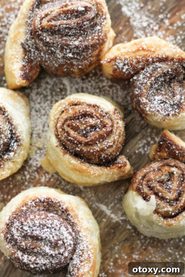 Chocolate Nutella Swirl Pastries Baked or Air Fried 11 chocolate pinwheels, lightly dusted with powdered sugar, arranged on a wooden board.