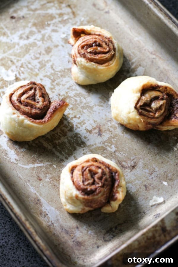 Chocolate Nutella Swirl Pastries Baked or Air Fried 8 baked golden brown Nutella puff pastry pinwheels cooling on a wire rack.