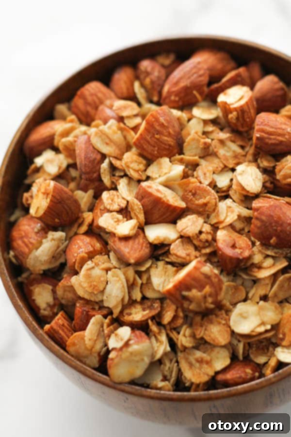 A wooden bowl filled with golden-brown, crunchy Air Fryer Granola, ready to be enjoyed as a healthy breakfast or snack.