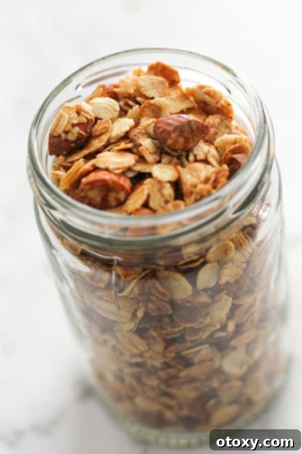 Freshly made Air Fryer Granola stored in an elegant glass jar, preserving its freshness and crunch for future enjoyment.
