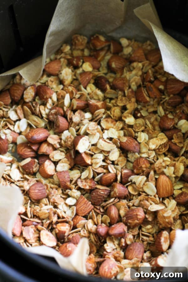 Cooked air fryer granola, golden brown and crispy, resting in the air fryer basket after achieving perfect toastiness.