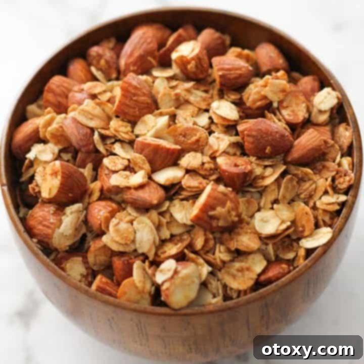 Air fryer granola in a wooden bowl, depicting the final delicious product, golden and crunchy.