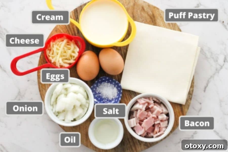 A visual display of all the fresh ingredients laid out on a wooden board, ready for making a bacon and egg pie.