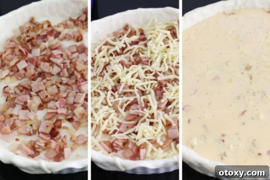 A series of images demonstrating the assembly process of a bacon and egg pie, showing layers of ingredients.