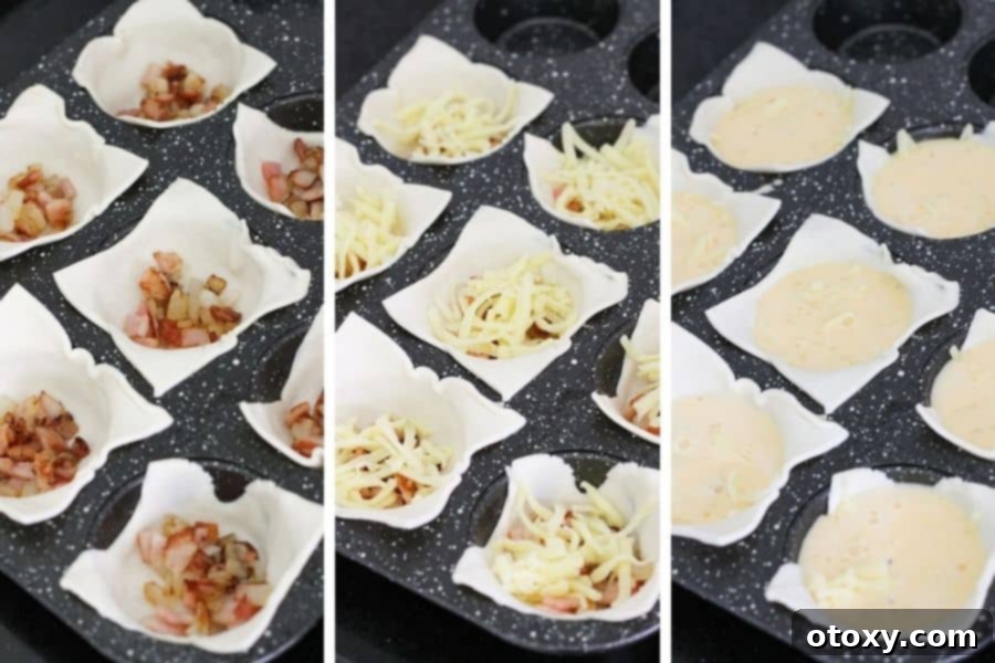 A series of step-by-step photos demonstrating the assembly of mini bacon and egg pies, showing the layering of ingredients in puff pastry cups.