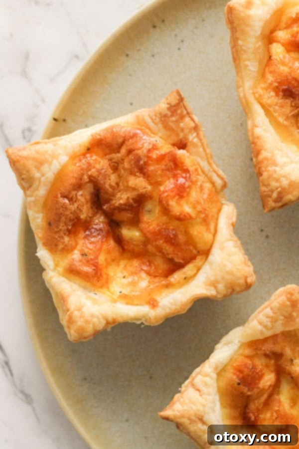 A single mini bacon and egg pie on a white plate, showcasing its golden crust and savory filling.