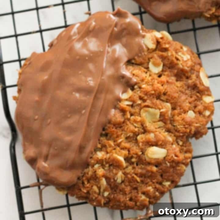 A stunning close-up of Chocolate Anzac Biscuits, perfectly dipped and arranged.