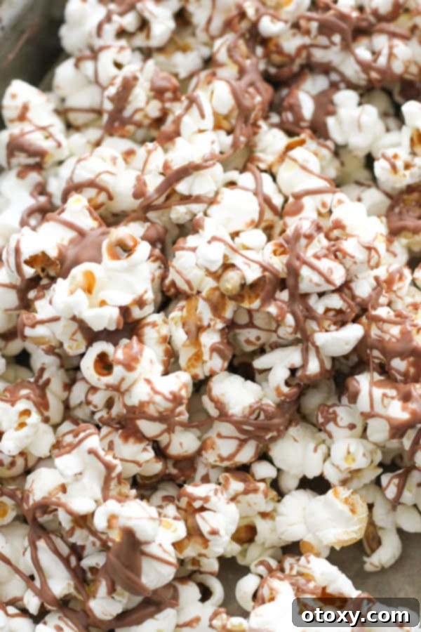 Decadent Chocolate Popcorn 2 chocolate drizzled popcorn on a tray.