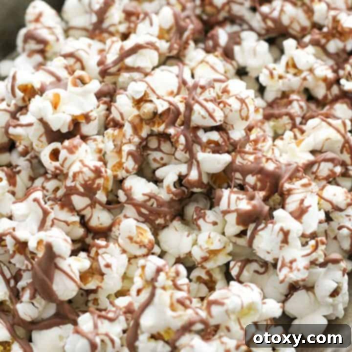 Decadent Chocolate Popcorn 11 chocolate drizzled popcorn on a tray.