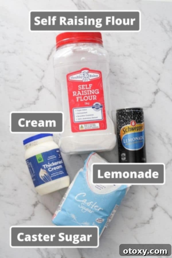 Golden Air Fryer Scones 4 Essential ingredients for air fryer scones, including a bottle of lemonade and a container of cream, meticulously laid out on a kitchen surface, highlighting the simplicity of the recipe.