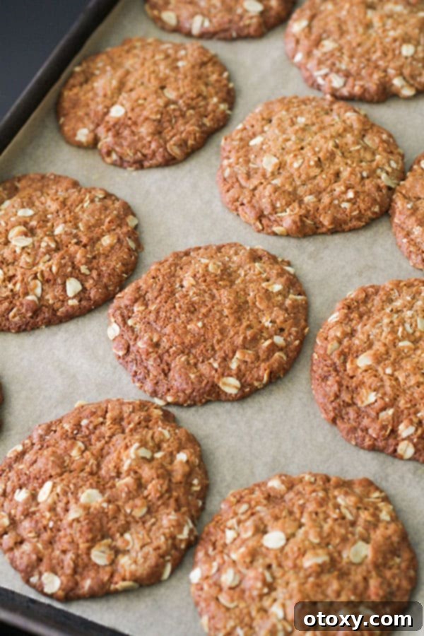 A fresh batch of golden-brown Anzac biscuits resting on a baking tray, their enticing aroma filling the kitchen.