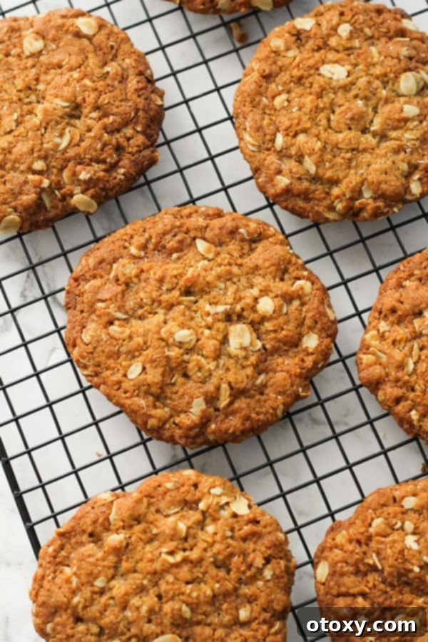 A collection of crunchy Anzac biscuits, perfectly baked and golden, cooling gracefully on a metal wire rack.