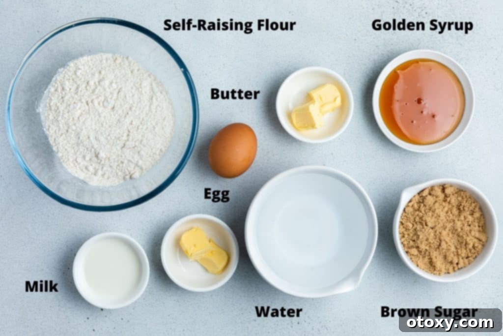 ingredients for golden syrup dumplings on a white background.