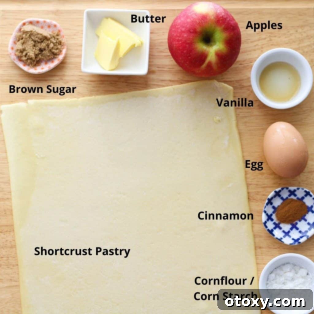 ingredients for air fryer apple pie, including butter, cinnamon and shortcrust pastry.