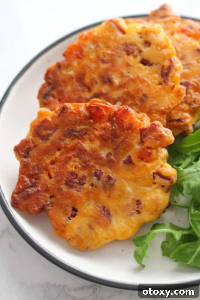 Crispy corned beef fritters served on a white plate, ready to eat.