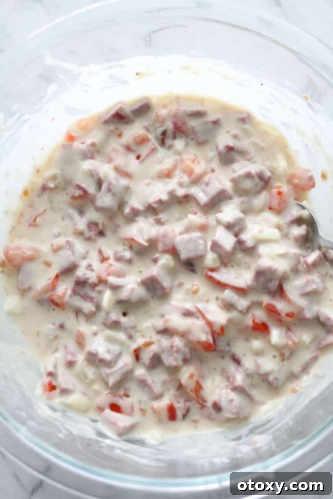 Corned beef fritter batter with visible pieces of corned beef, tomato, and onion, ready for cooking.