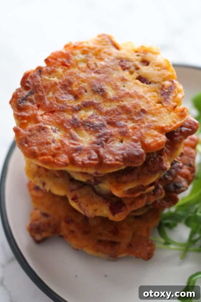 A stack of golden-brown corned beef fritters piled high on a pristine white plate, garnished with fresh herbs.