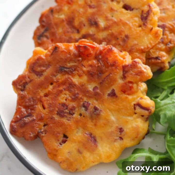 3 corned beef fritters on a white plate.