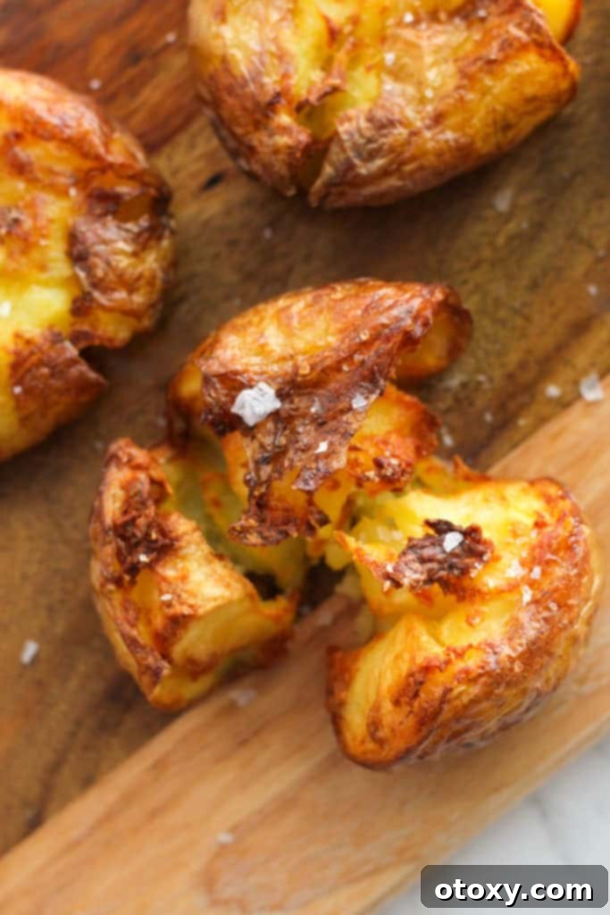 A close-up shot of several crispy air fryer smashed potatoes on a wooden board, showcasing their texture.