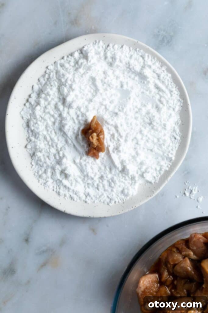 Golden Crispy Air Fryer Karaage 5 a raw chicken pieces on a plate of potato flour.