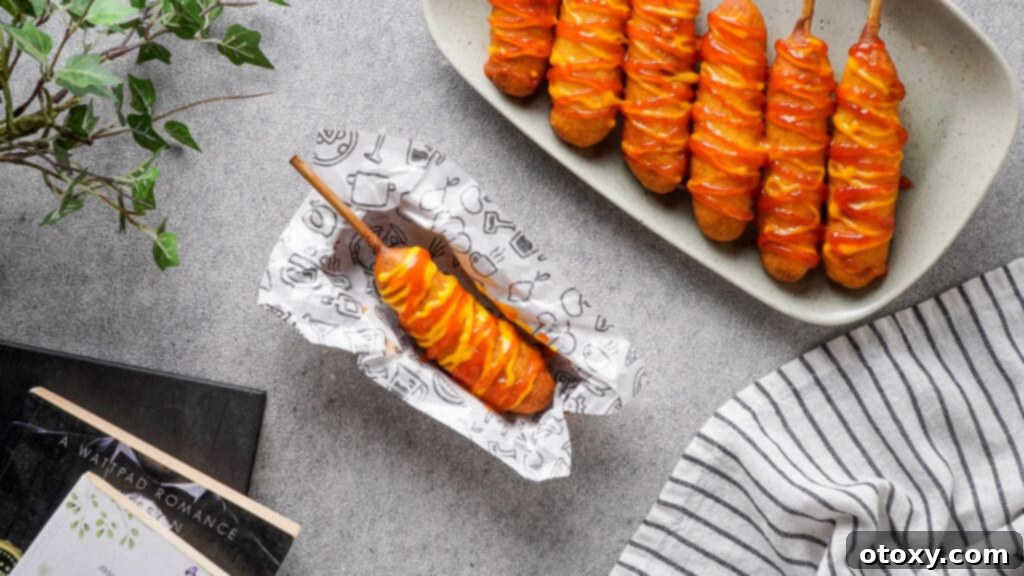 Crispy air fryer corn dogs with ketchup and mustard on food paper, ready to serve