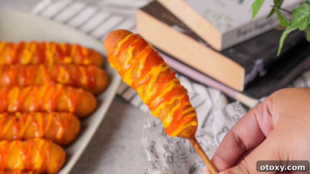 Hand holding a perfectly cooked air fryer corn dog on a stick