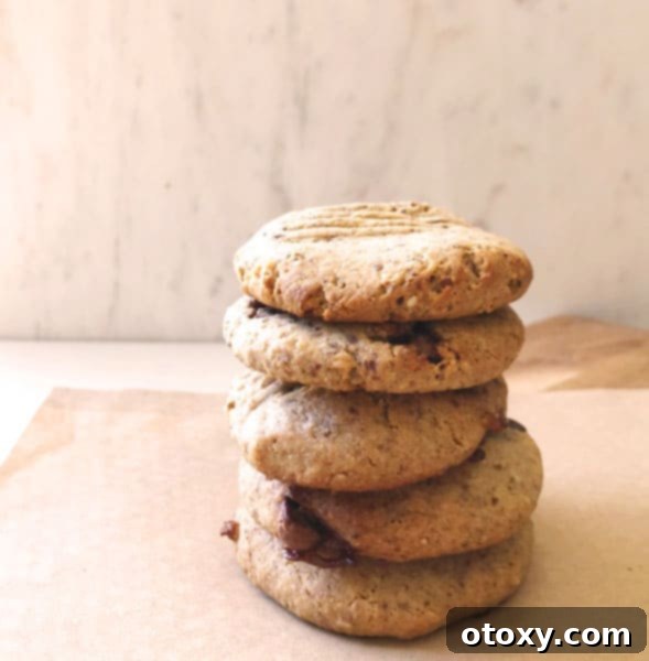A trio of freshly baked healthy peanut butter cookies, perfectly browned and studded with chocolate chips, resting on a rustic wooden surface.
