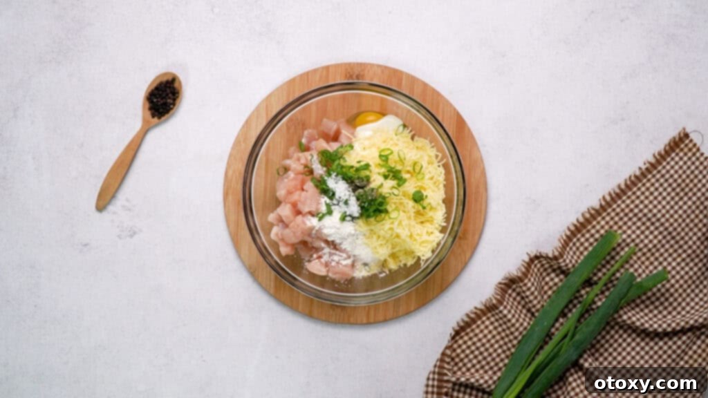 Crispy Chicken Delights 6 All chicken fritter ingredients, including diced chicken, eggs, yogurt, flour, cheese, and seasonings, are placed together in a large mixing bowl.