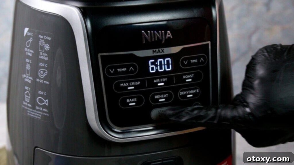 Air fryer set to 6 minutes for shrimp