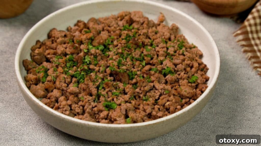 Air Fried Ground Beef Made Simple 13 Cooked air fryer ground beef on a plate garnished with parsley