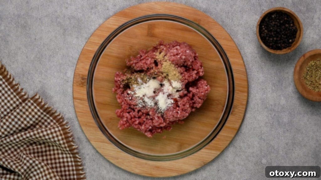 Effortless Air Fryer Ground Beef 7 Ground beef with various spices added to the bowl