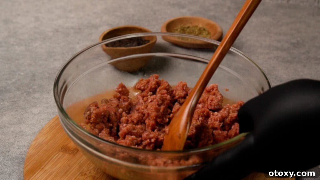 Effortless Air Fryer Ground Beef 8 Mixing ground beef and spices with a wooden spoon