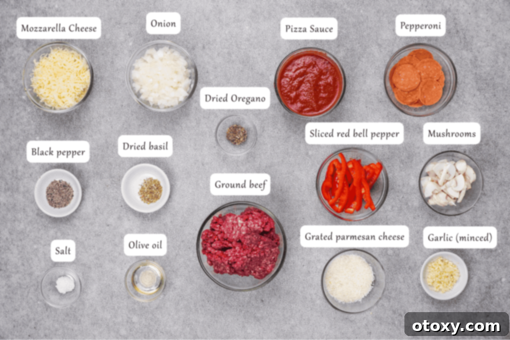 A vibrant selection of fresh ingredients for crustless pizza including ground beef, bell peppers, mushrooms, garlic, onion, pizza sauce, and various cheeses.