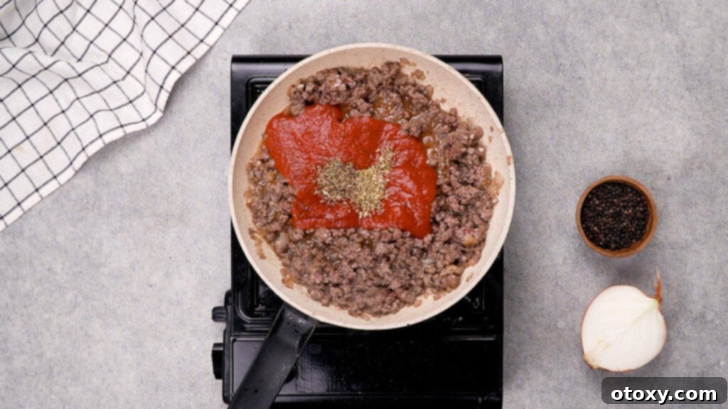 Cooked ground beef simmering in a skillet with pizza sauce, oregano, and basil, combining flavors.