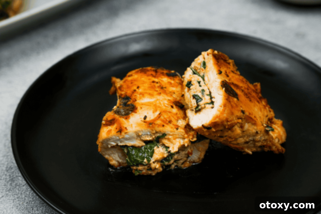 Golden seared chicken breasts stuffed with creamy spinach and cheese filling
