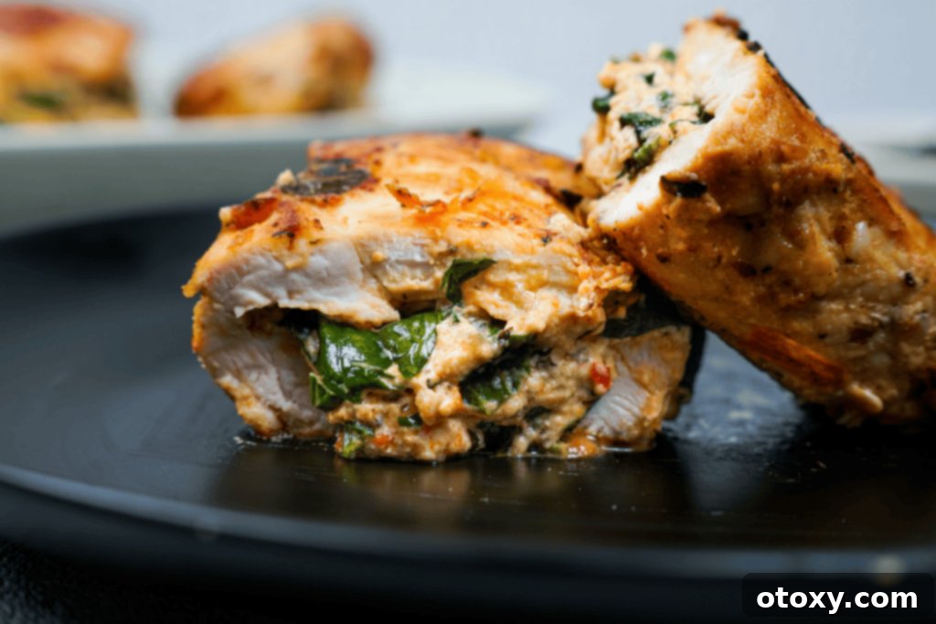 Beautifully cooked stuffed chicken breast, sliced to show the creamy filling.