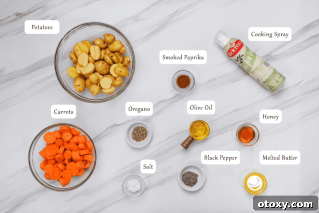 Herb Roasted Potatoes and Carrots 4 All the fresh ingredients for roasted potatoes and carrots laid out