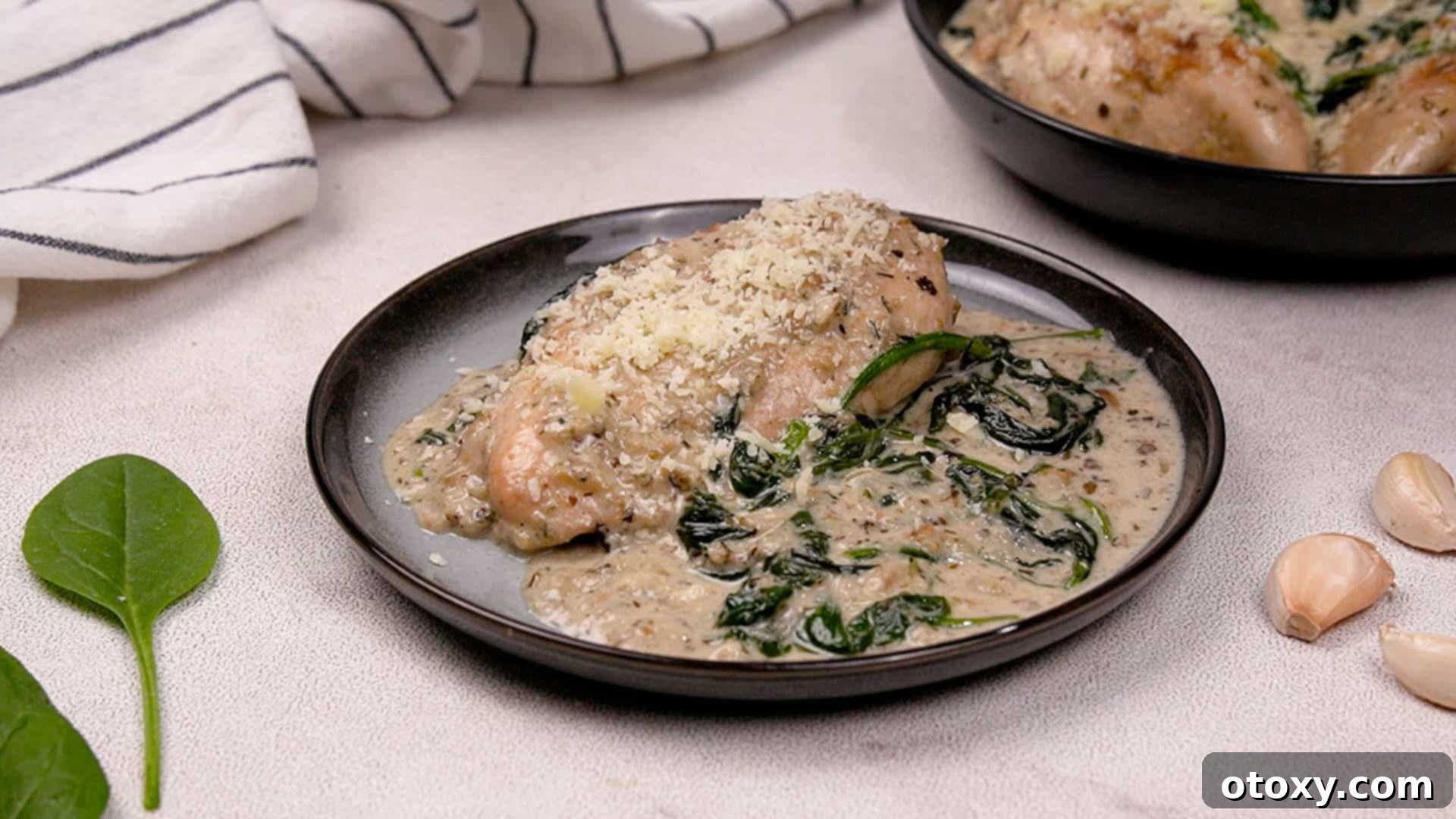 Finished Chicken Florentine plated with extra Parmesan