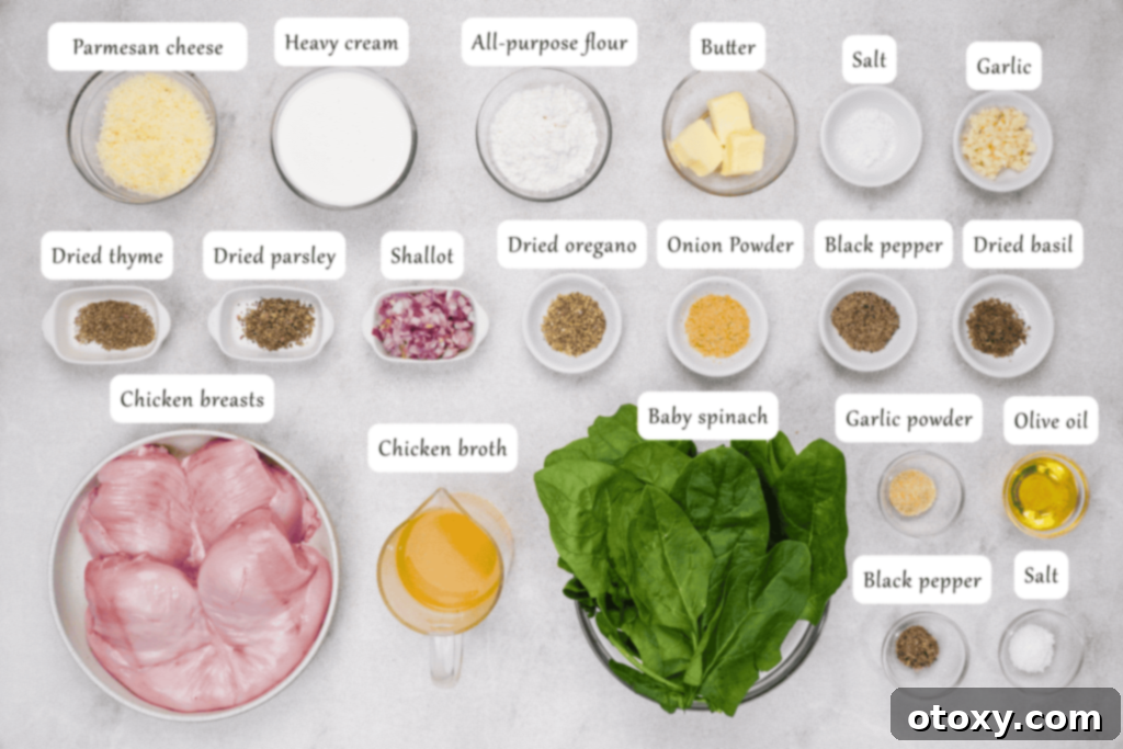 Fresh ingredients laid out for making Chicken Florentine