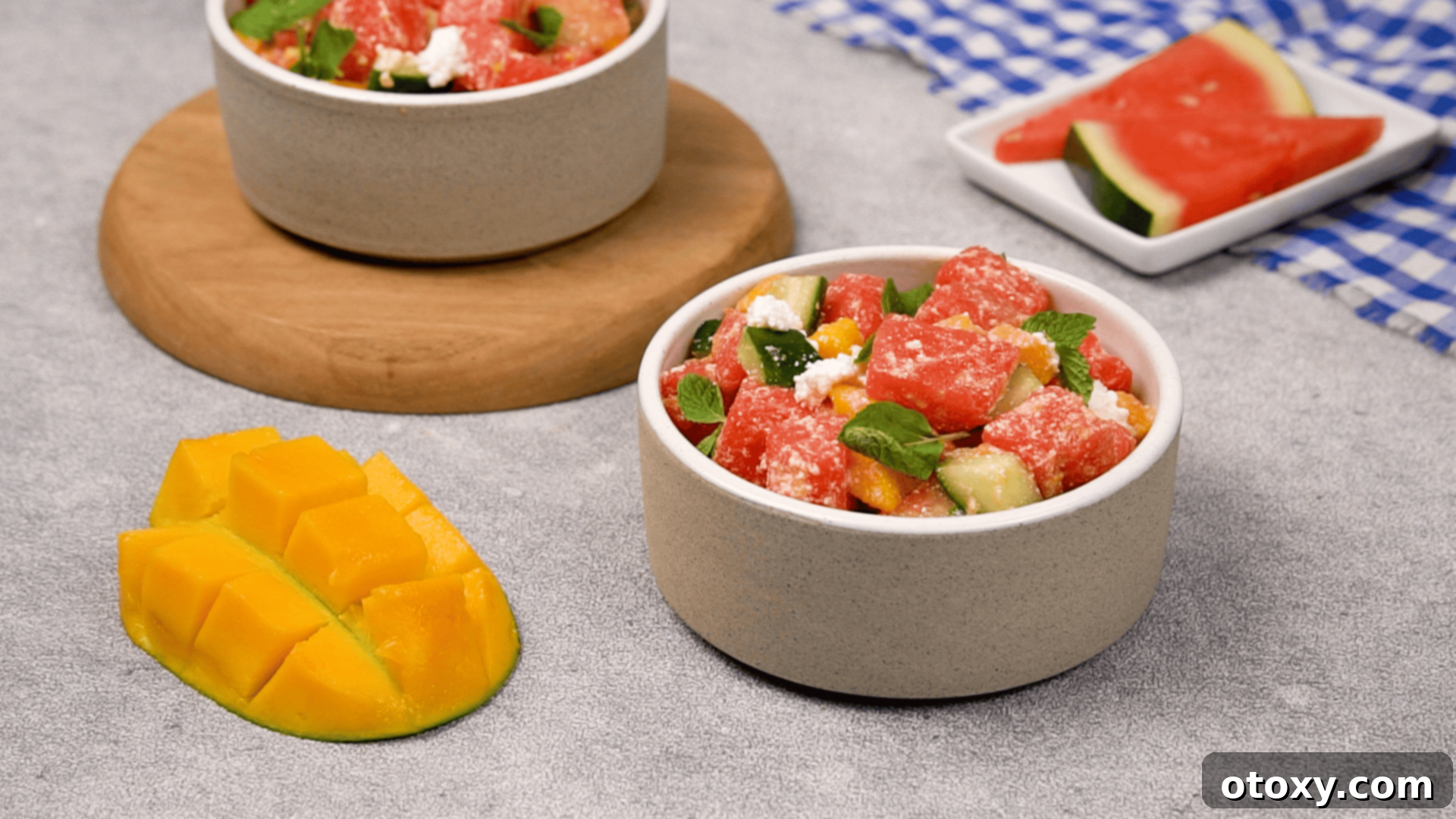 Watermelon Feta Summer Bliss 19 A beautifully presented bowl of fresh watermelon feta salad with mint, ready to serve.