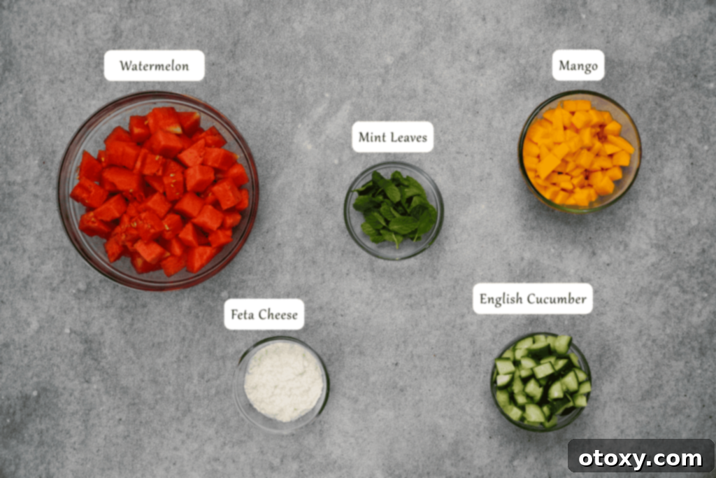 Watermelon Feta Summer Bliss 4 Cubed watermelon, diced mango, sliced cucumber, crumbled feta, and fresh mint leaves, ready for a salad.